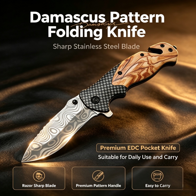 Edc Carry Pocket Knife - Couteau pliant à motif Damas, lame